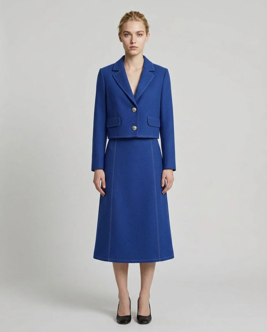 Blonde adult model wearing a cobalt cropped blazer and midi skirt in a front campaign frame