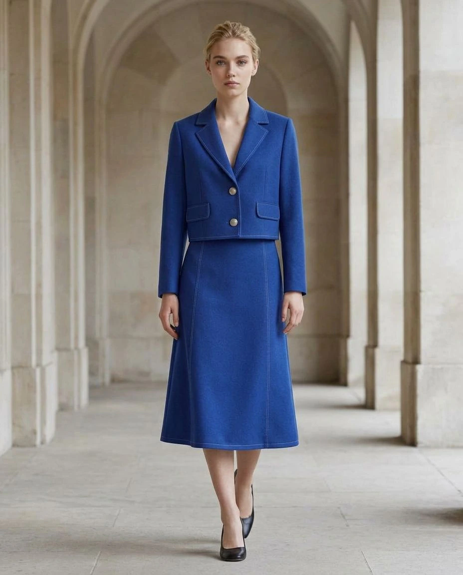 Blonde adult model walking through a stone colonnade in the same cobalt tailored outfit