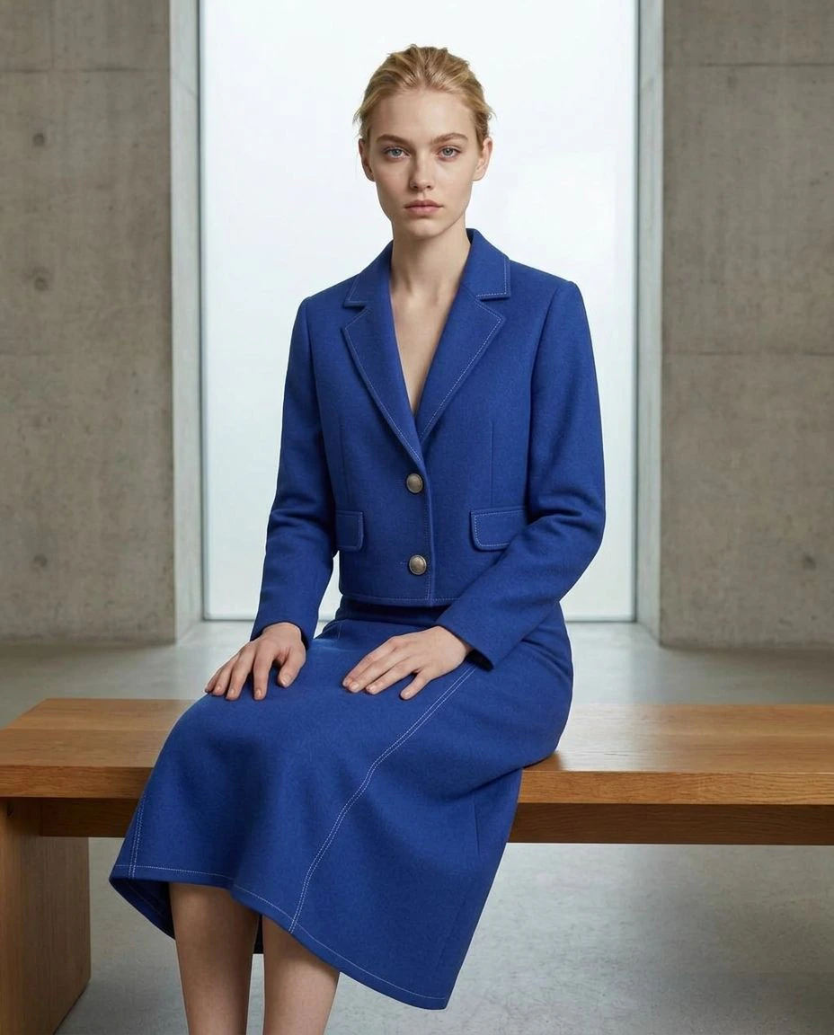 Blonde adult model seated on a gallery bench in the same cobalt tailored outfit