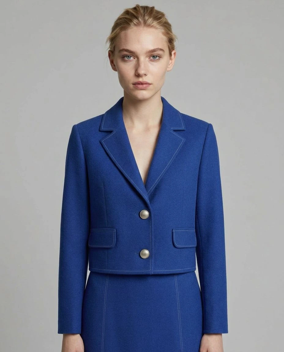 Closer campaign portrait showing construction details of the cobalt blazer