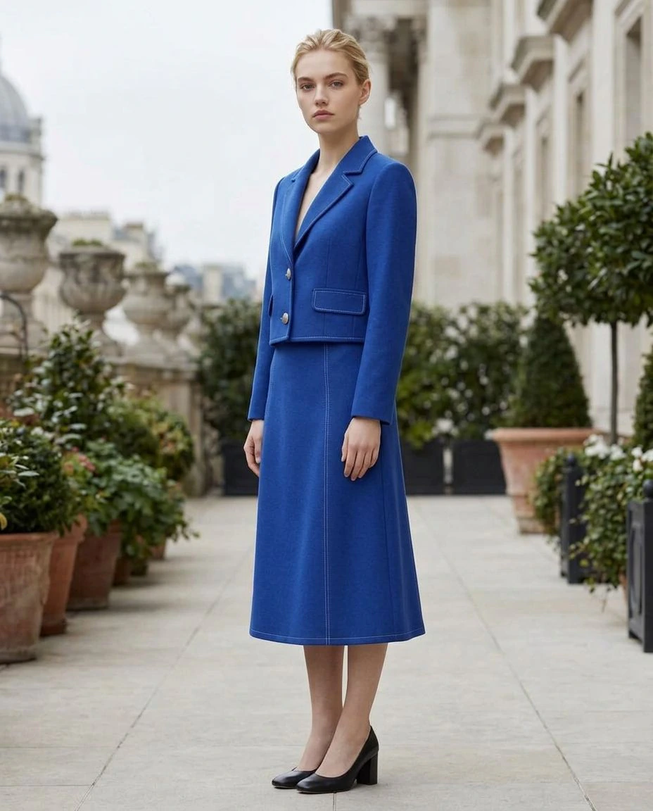 Blonde adult model in profile on a city terrace wearing the same cobalt tailored outfit