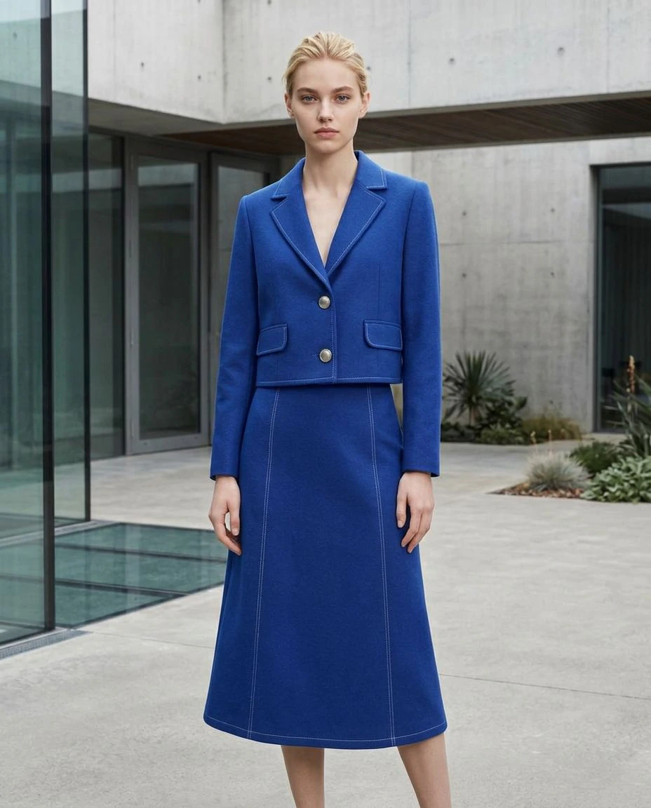 Blonde adult model in a modern architectural setting wearing the same cobalt tailored outfit